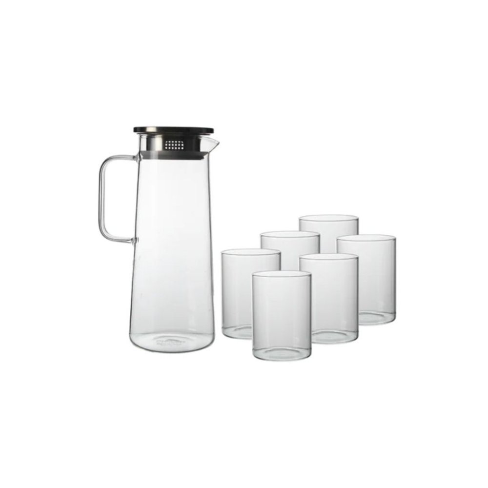 7 Piece Glass Pitcher Set (with Straining Lid, Handle) and 6 Glasses - CLEAR